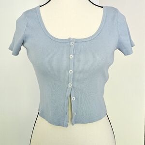 Women's Light Blue Ribbed Button-Up Top